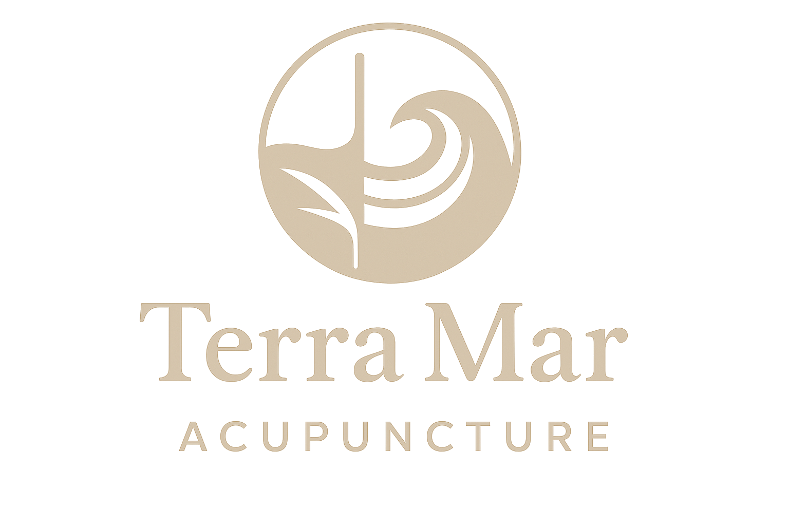 Logo for Terra Mar Acupuncture featuring a circular icon with stylized elements and the text 'Terra Mar' above 'Acupuncture' in a beige color on a black background.