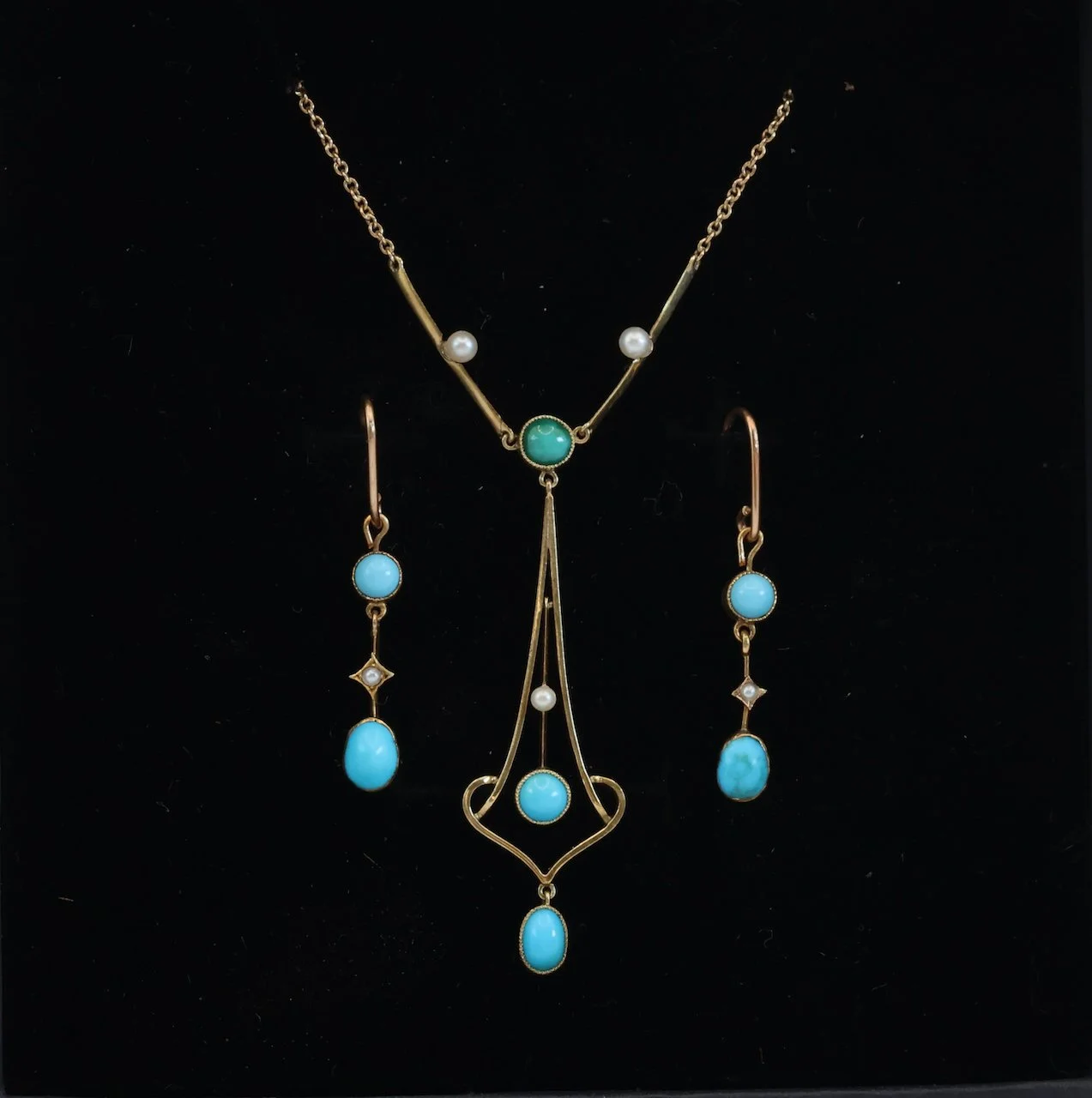 Art Nouveau Gold, Turquoise & Seed Pearl Necklace & Earring Set