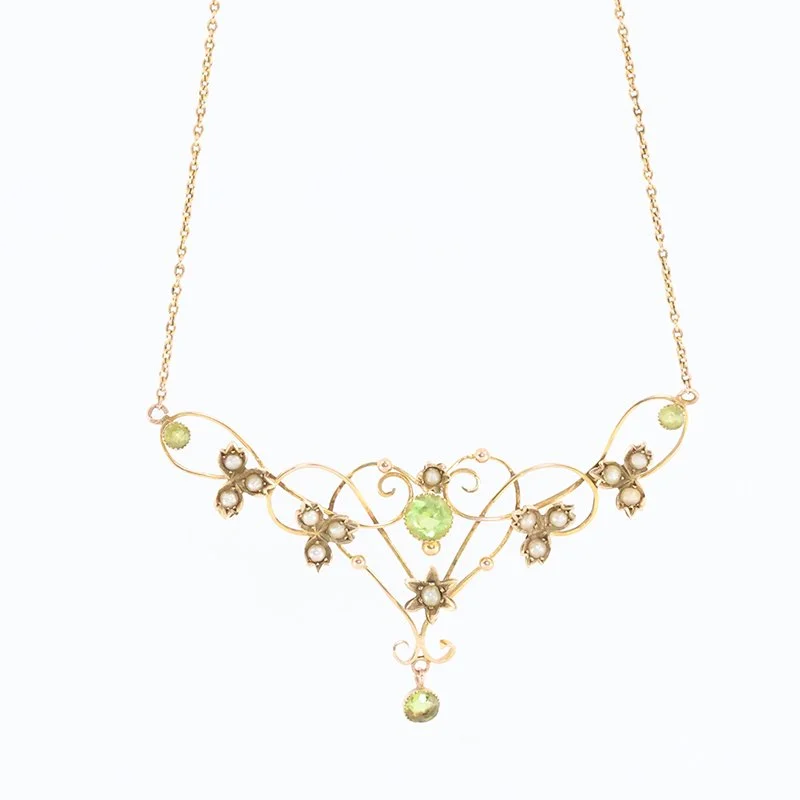 Edwardian 9kt Gold, Peridot and Seed Pearl Necklace