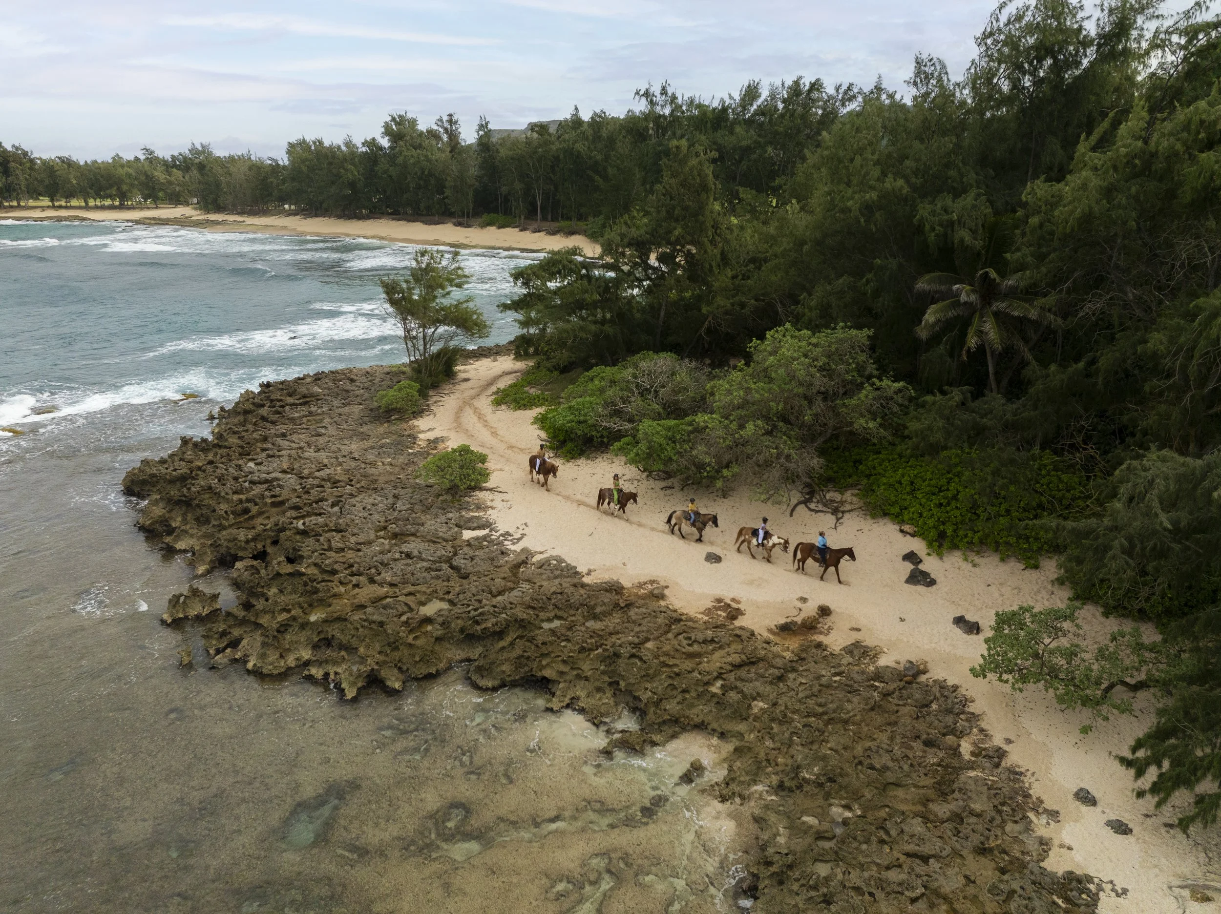 Guests horseback riding along the rocky shoreline at The Ritz-Carlton Turtle Bay with ocean views and lush North Shore landscape.