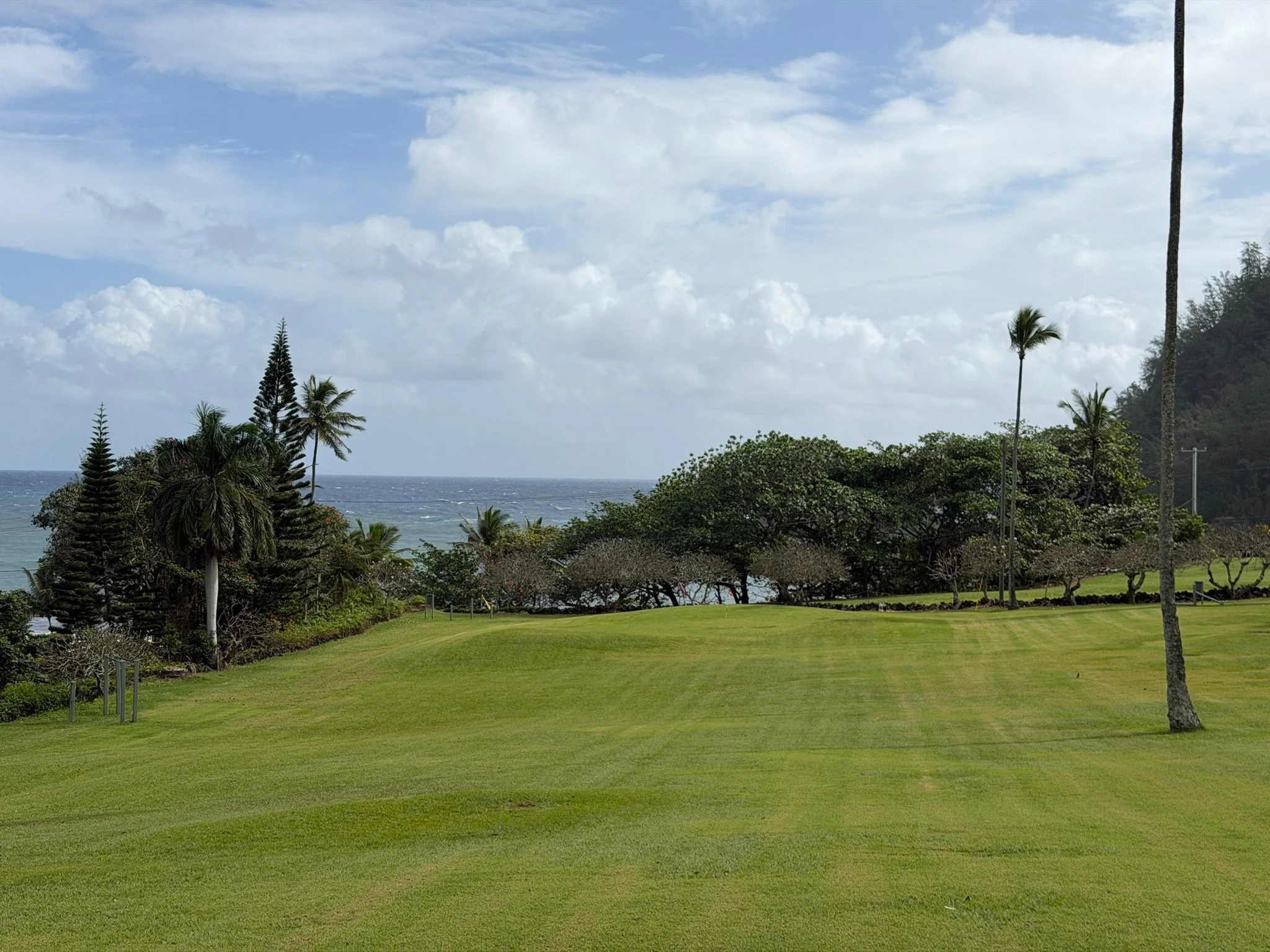 Three-hole chip and putt golf course at Hana-Maui Resort overlooking the Pacific Ocean with lush tropical landscaping and Maui coastline views.