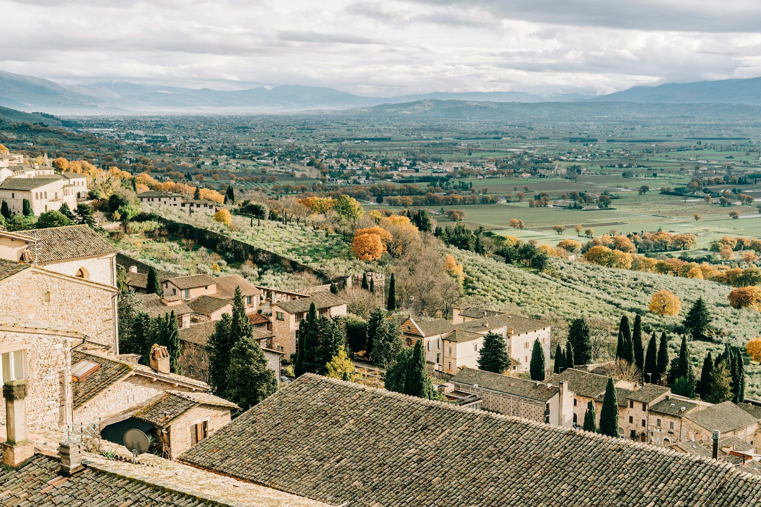 Panoramic view of Assisi, Italy overlooking stone buildings, olive groves, and the rolling Umbrian countryside under a cloudy sky.