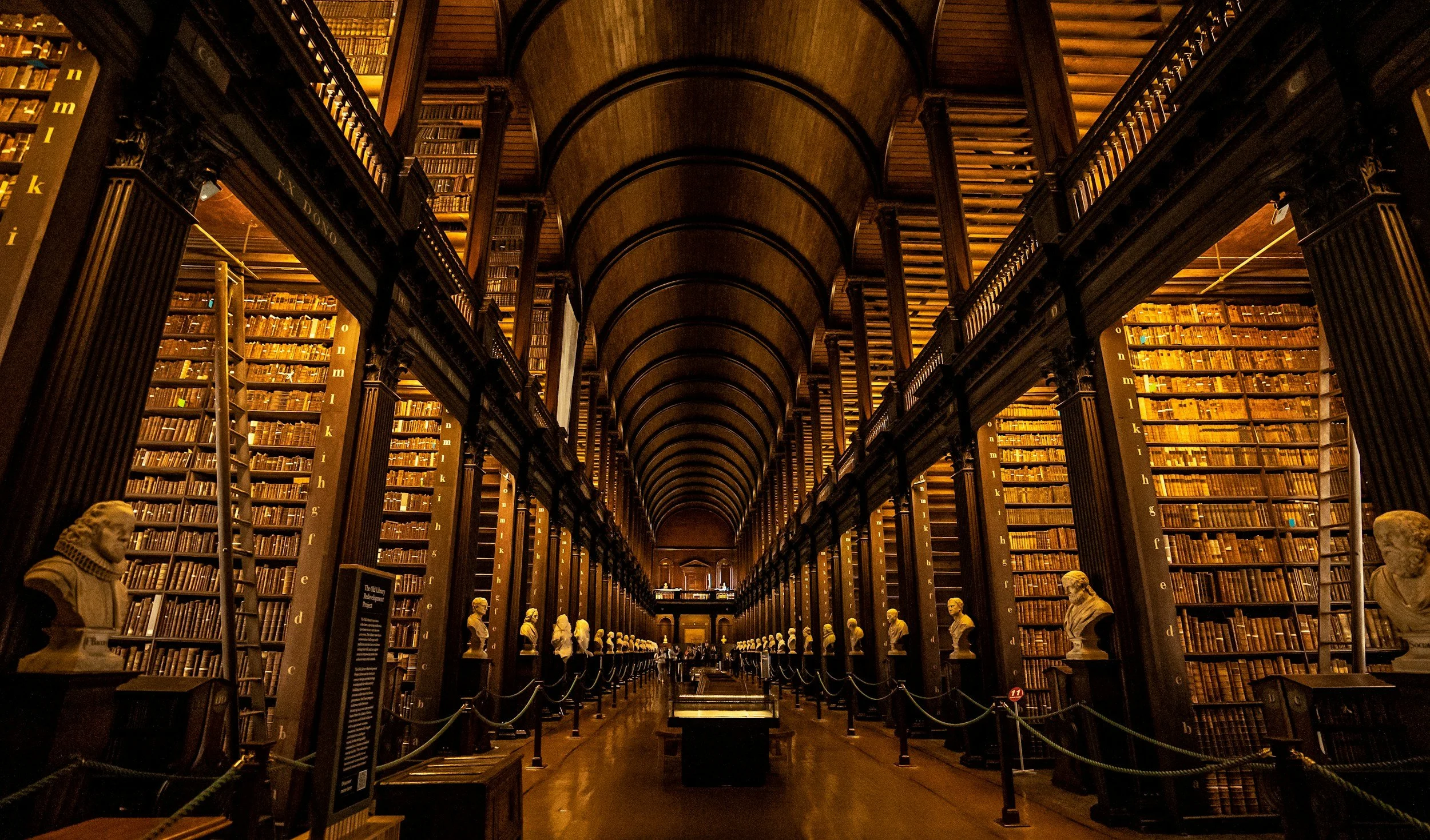 The Long Room library at Trinity College Dublin with towering wooden bookshelves, arched ceiling, and marble busts lining the historic hall.