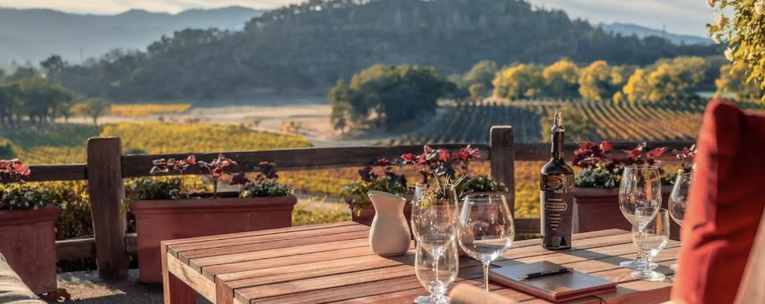 Outdoor wine tasting overlooking Napa Valley vineyards, featuring a bottle of wine, tasting glasses, and scenic vineyard views framed by rolling hills at golden hour.