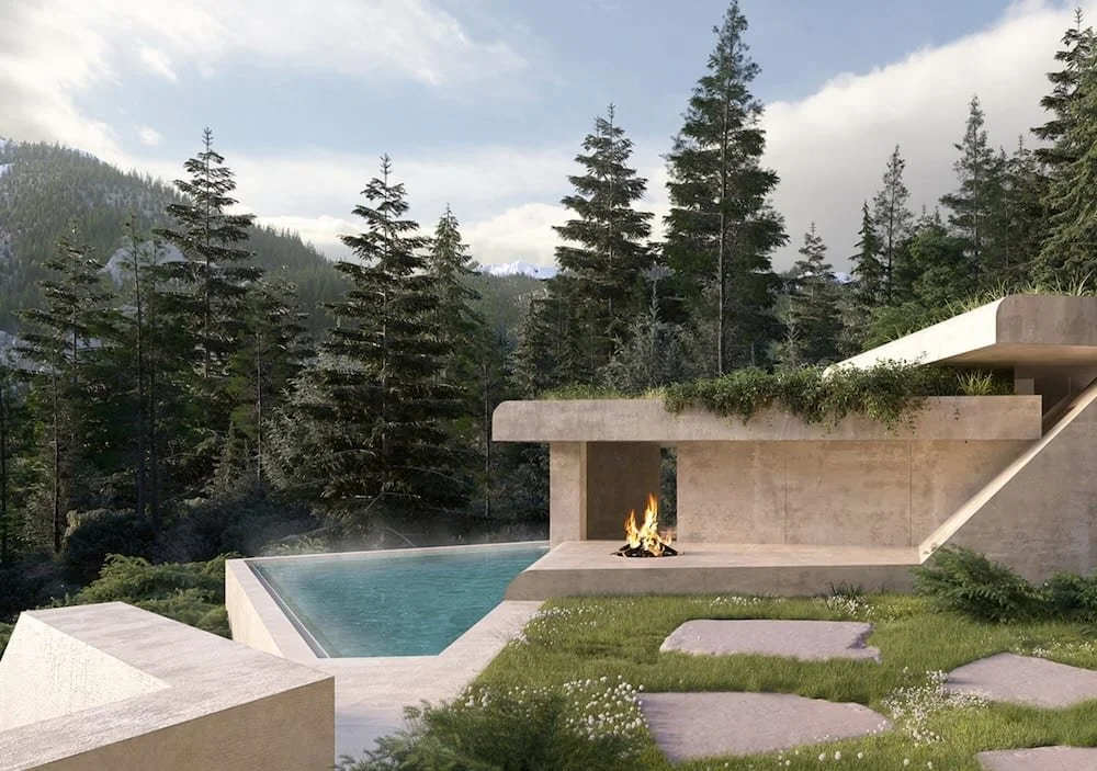 Modern luxury mountain retreat with an infinity pool and outdoor fire pit surrounded by pine forest in Switzerland