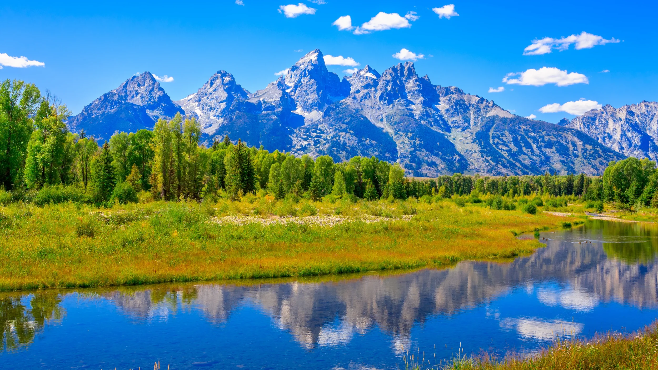 Grand Teton mountain range reflected in a calm river in Jackson Hole, Wyoming surrounded by lush green meadows and trees