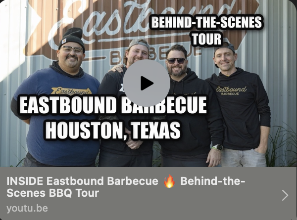 Four men standing in front of a building with Eastbound Barbecue signage, smiling, promoting their behind-the-scenes BBQ tour in Houston, Texas.