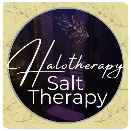 A circular logo for 'Halotherapy Salt Therapy' with a dark background and white, cursive and block text, surrounded by a yellow background with leaf patterns.