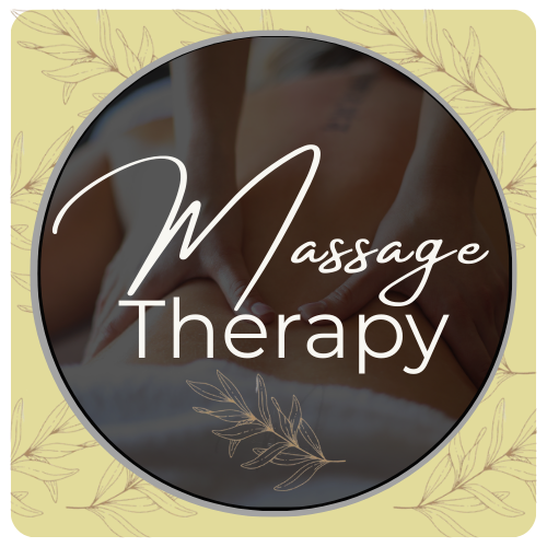 A logo for massage therapy featuring a black circle with white text, a background of light yellow with leaf patterns, and a blurred image of a massage session in the center.