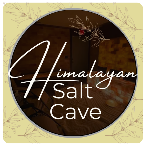 Logo for Himalayan Salt Cave featuring a black circle with white cursive text and leaf illustrations on a yellow background.