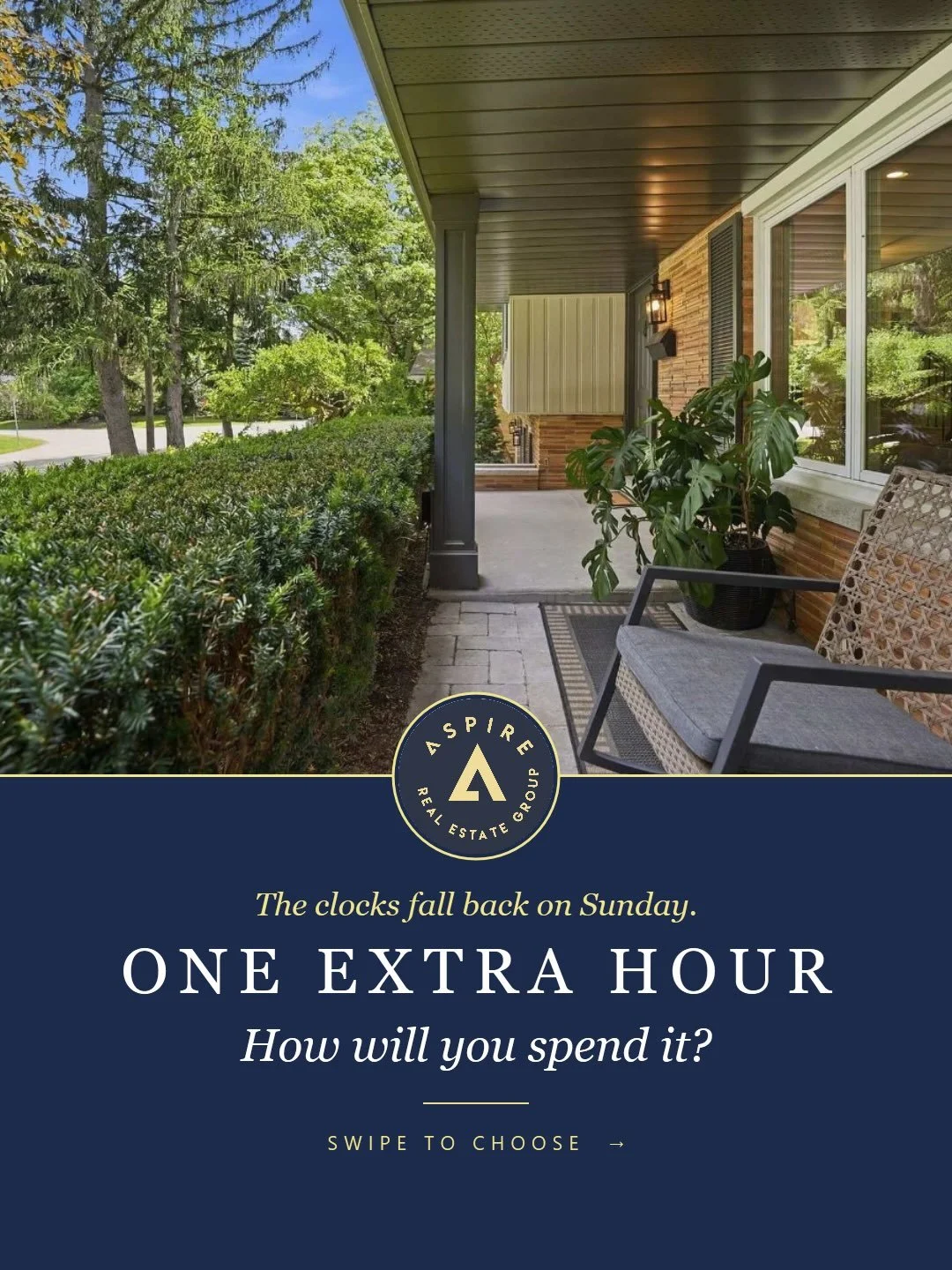 The clocks fall back on Sunday. One extra hour. How will you spend it?

A. By the fire, an hour beside the gas fireplace and custom built-ins.

B. In the garden, on a private, landscaped 70 x 120 ft. lot.

C. A neighbourhood walk past Burlington Golf