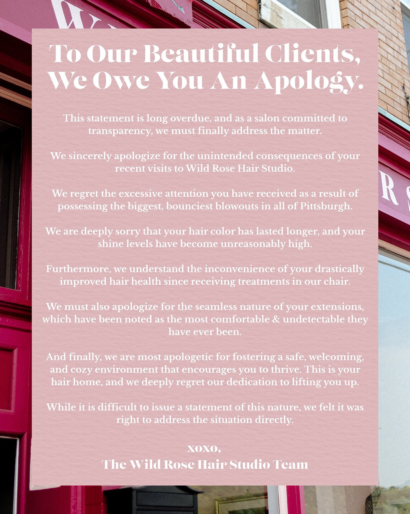 it&rsquo;s time we made a statement&hellip;

we&rsquo;re sorry 😢 

SEO: Wild Rose Hair Studio, Pittsburgh Hair Salon, Pittsburgh Color Specialists, Pittsburgh Extension Specialists, Healthy Hair Salon, Apology Statement

#wildrosehairstudio #pittsbu