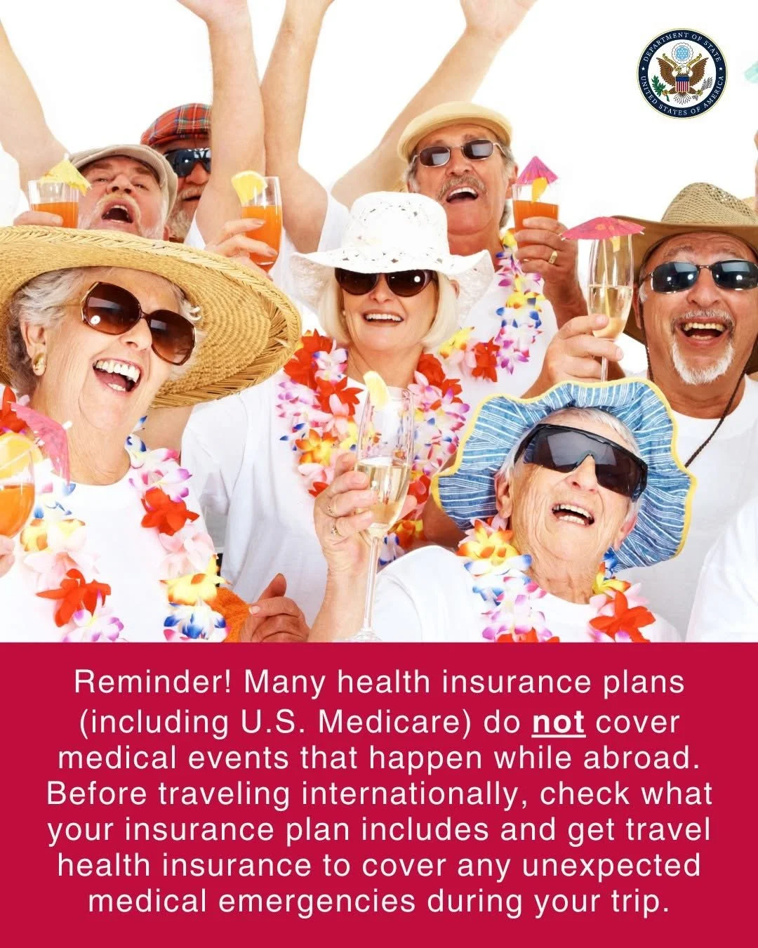 A group of elderly people dressed in vacation attire, wearing sunglasses, leis, and sun hats, celebrating and holding drinks with umbrellas at a tropical themed party or gathering.