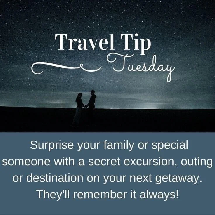 A couple holding hands under a starry night sky with text that reads 'Travel Tip Tuesday' and a tip about surprising loved ones with a secret trip or outing for a memorable experience.