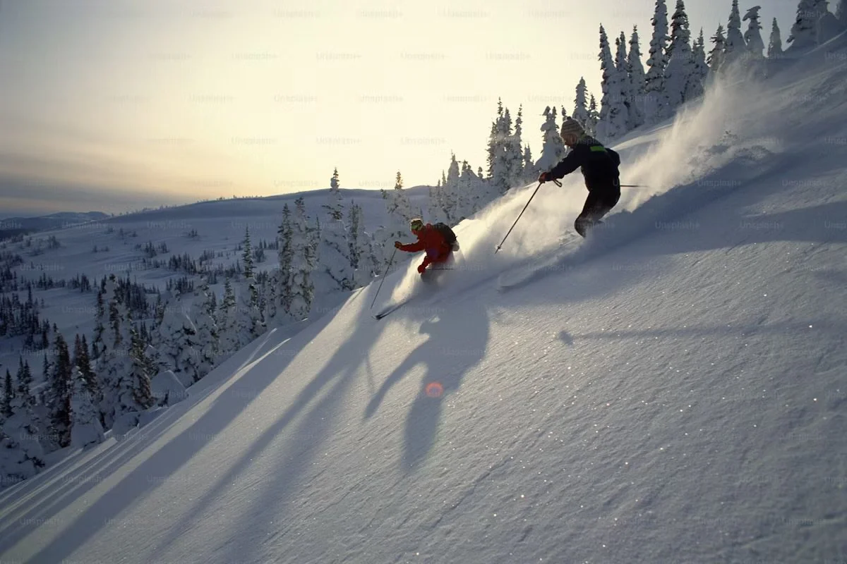 Two skiers descending a snow-covered mountain slope during sunset, with snow-laden trees and distant hills in the background.