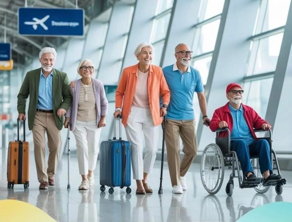 Group of elderly people walking with luggage and a wheelchair in an airport terminal.