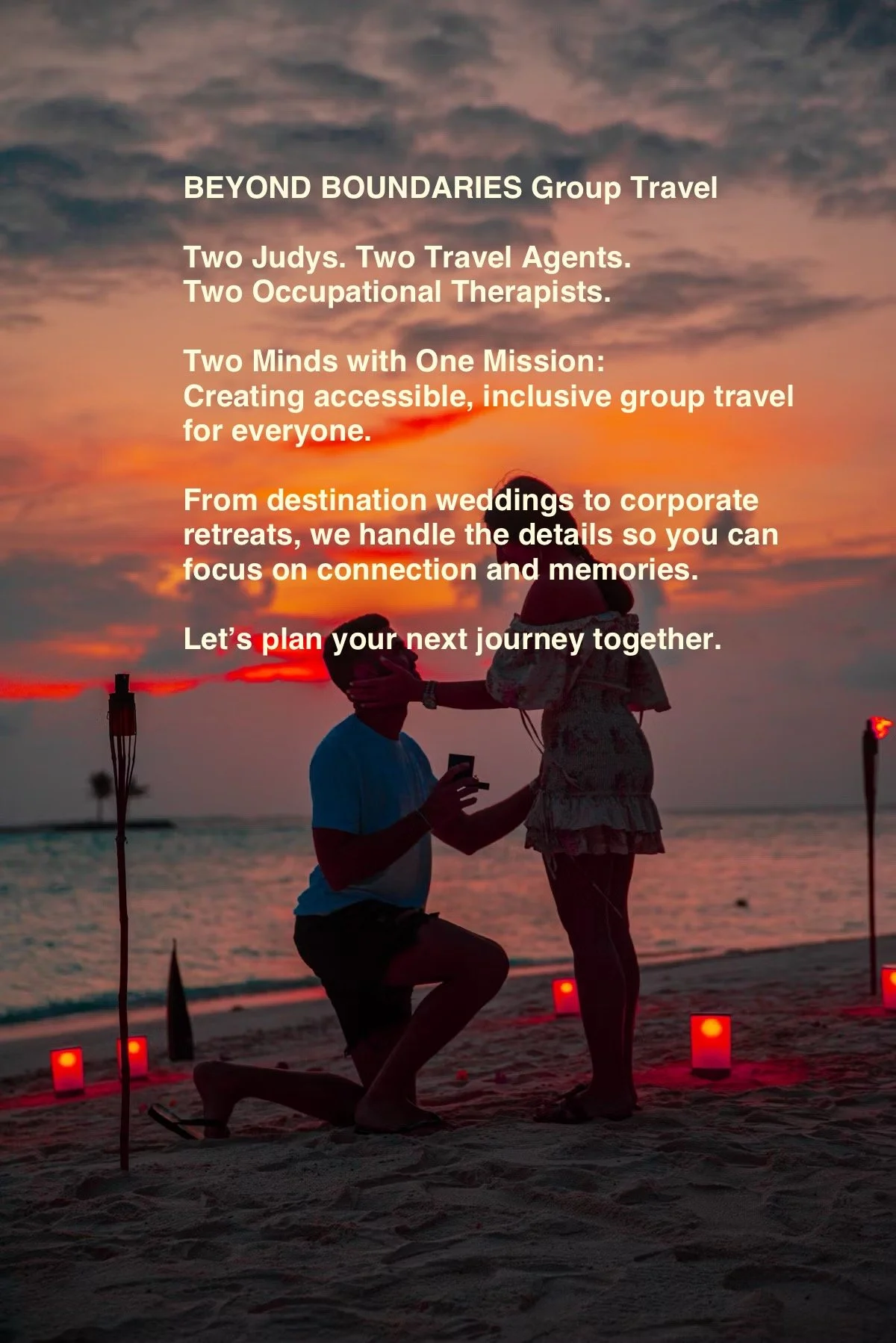 Silhouette of a couple on the beach during sunset, with one person proposing marriage and the other person accepting, surrounded by tiki torches and lanterns.