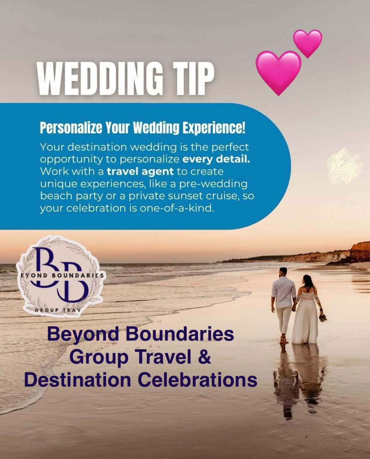 A wedding couple walking on a beach during sunset with the ocean and cliffs in the background, and two pink hearts and a gold heart-shaped decoration in the sky.