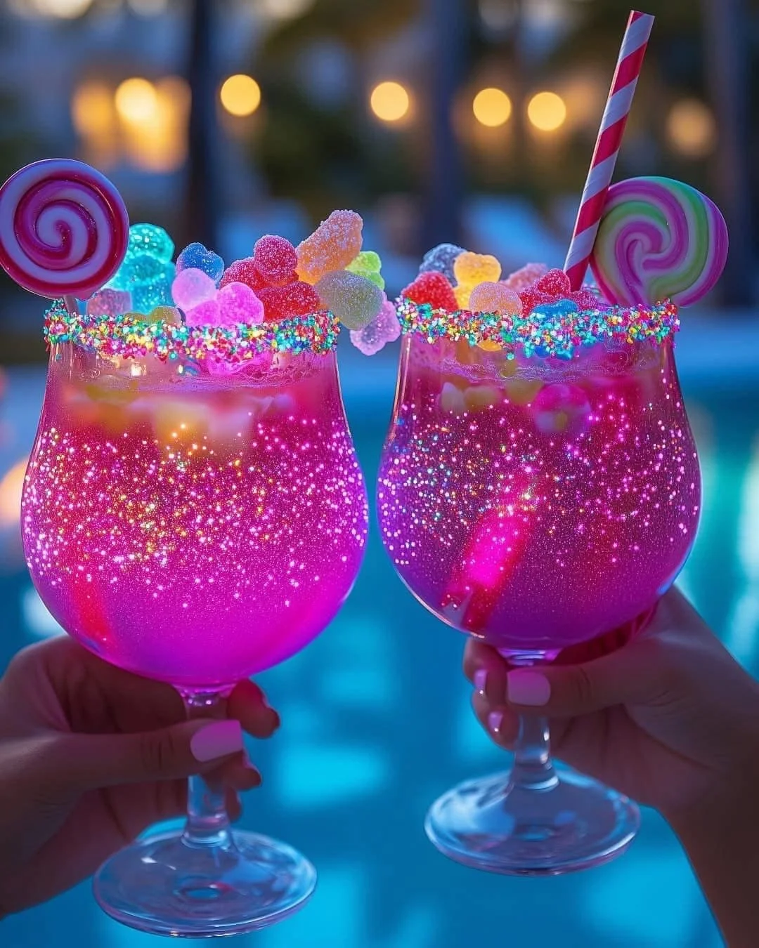 Two pink cocktails in glasses with glitter, topped with colorful candies, sprinkles, lollipops, and a striped straw, against a blurred outdoor background.
