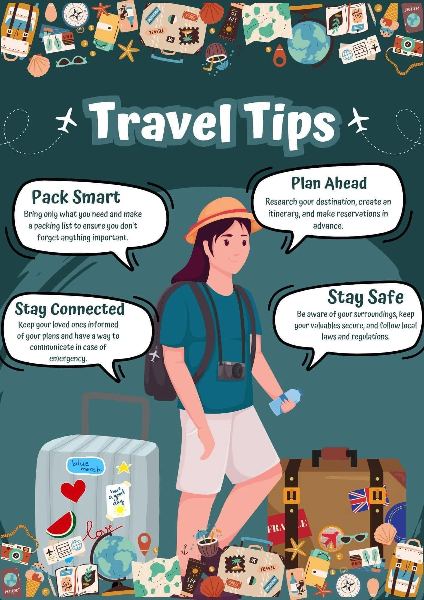 Travel tips infographic featuring a woman with travel accessories, suitcases, and travel-themed illustrations. Tips include packing smart, planning ahead, staying connected, and staying safe.