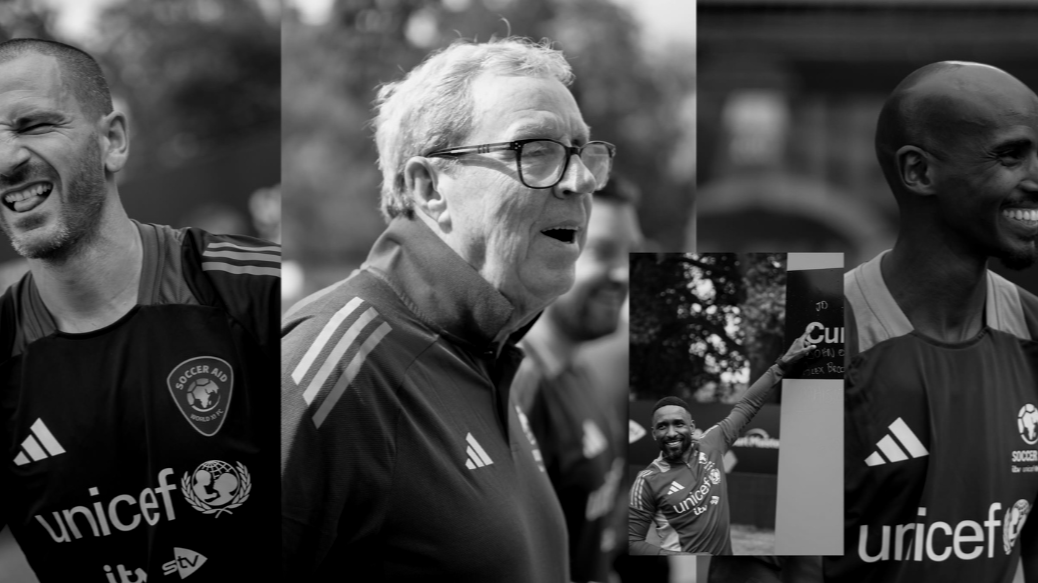 Black and white collage of soccer players and a man in a sports jersey, some displaying smiles or gestures, with one holding a banner.