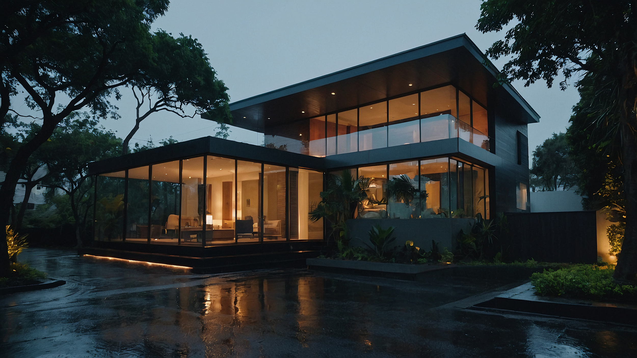 Modern two-story house with large glass windows, illuminated from inside, surrounded by trees and wet pavement at dusk.