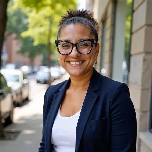 Smiling woman with curly hair, wearing glasses, a navy blazer, and a white top, outdoors on a sunny day with parked cars and trees in the background.