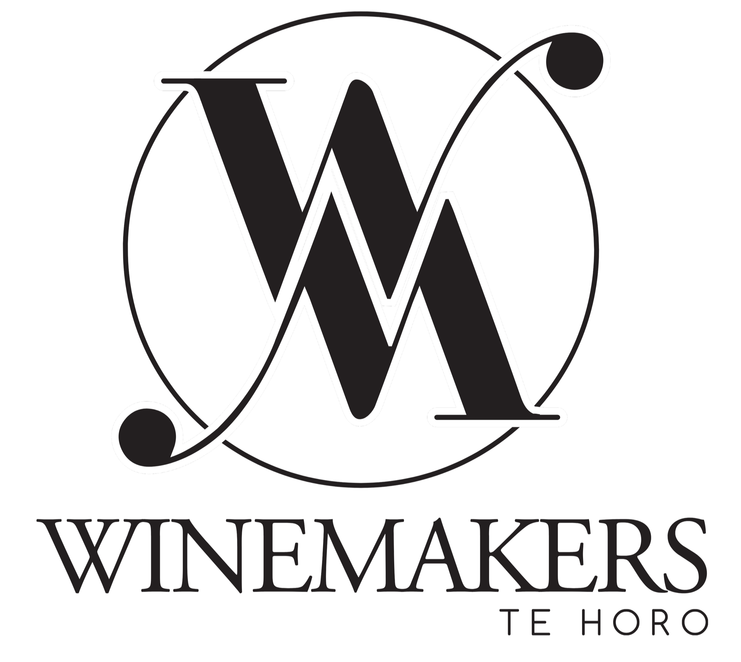 Black background logo with stylized white letter 'W' and 'M' intertwined, encircled by a thin white circle, with the text 'WINEMAKERS' and smaller text 'TE HORO' at the bottom.