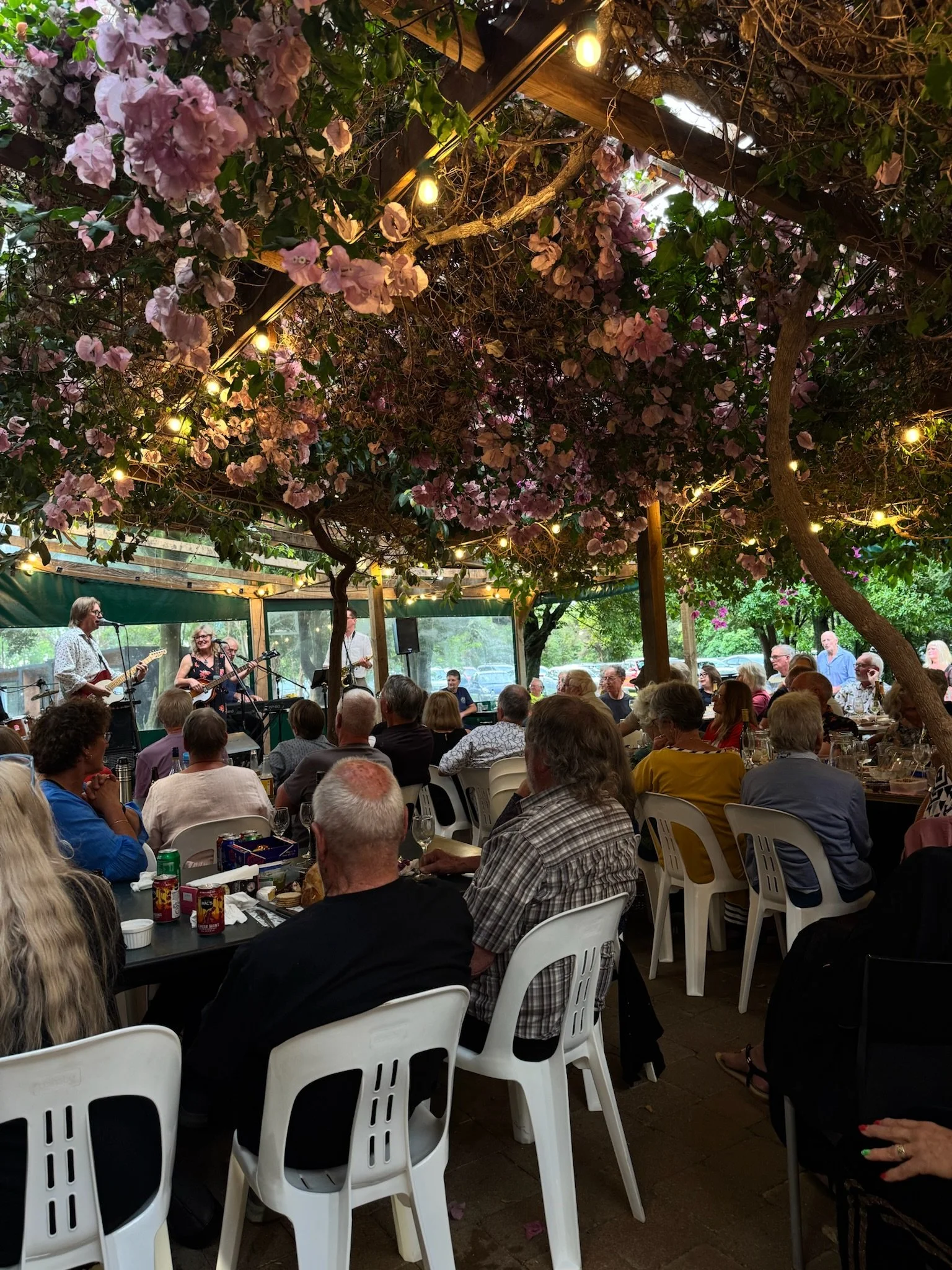 People attending a live music performance under a canopy of pink and purple flowers with string lights.