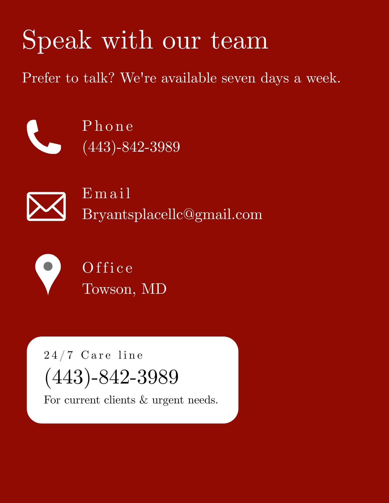 A red-colored advertisement for speaking with a team, offering a phone number, email address, and office location in Towson, Maryland, with icons representing phone, email, and location.