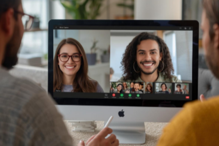 Two people on a video call with two women displayed on the computer screen, having a virtual meeting.