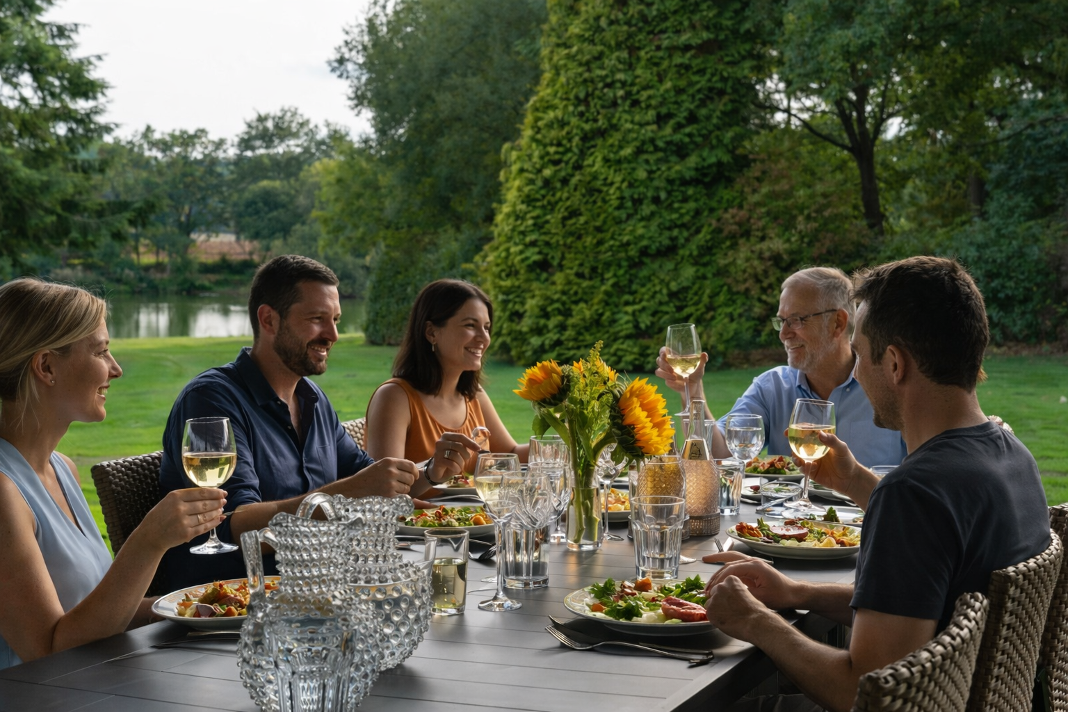 A view of a bathroom with a dark tiled wall and a round mirror. There are glass containers and a soap dispenser on a black shelf. A wooden sink basin is mounted on a wooden countertop. Through an open door, a bedroom with wooden slatted wall, a bed with white bedding, a side table, and decorative items is visible.
