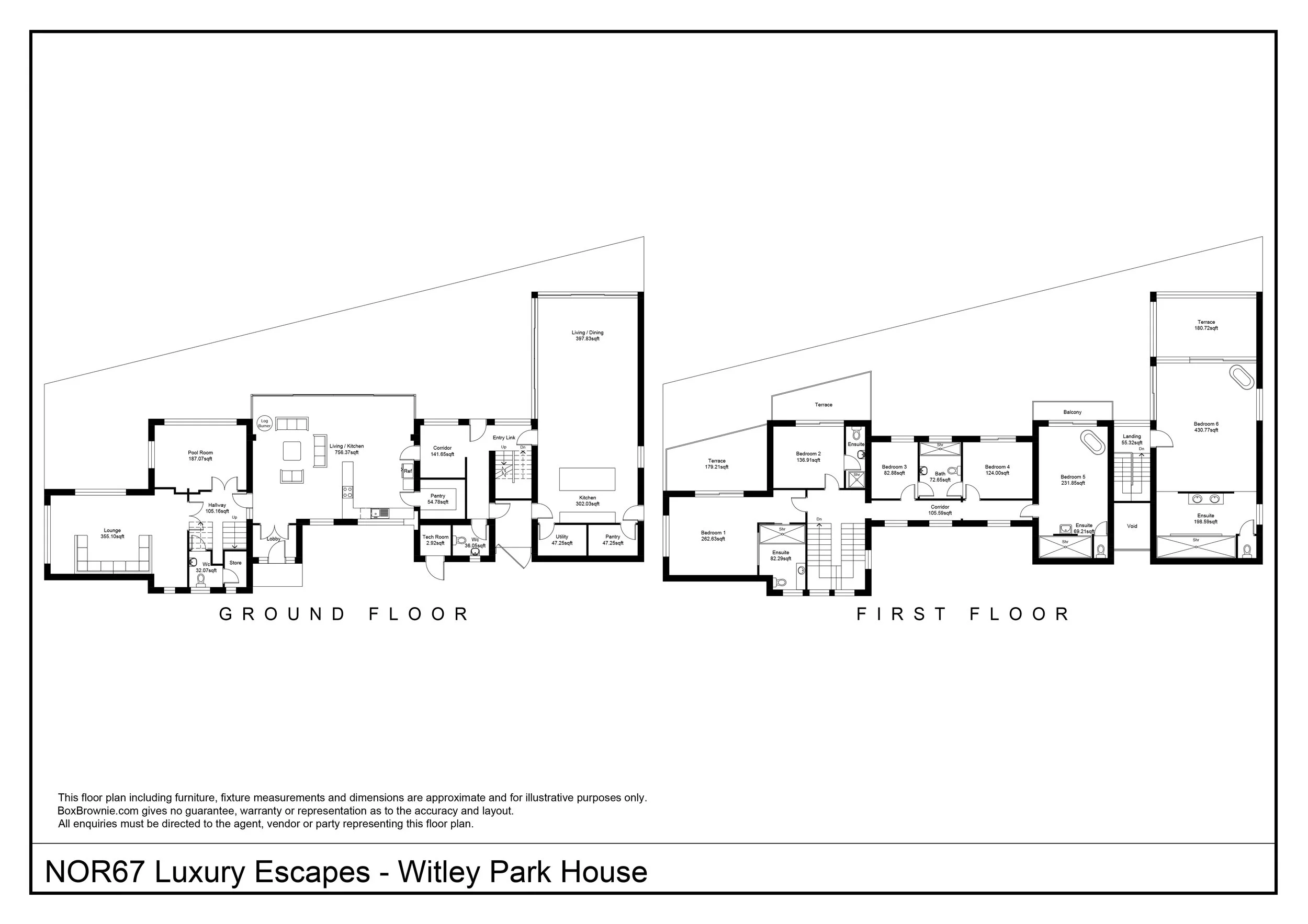 Floor plan of a two-story house named Witley Park House, showing ground floor and first floor layouts with rooms such as living, kitchen, bedrooms, bathrooms, terraces, balconies, and utility areas.