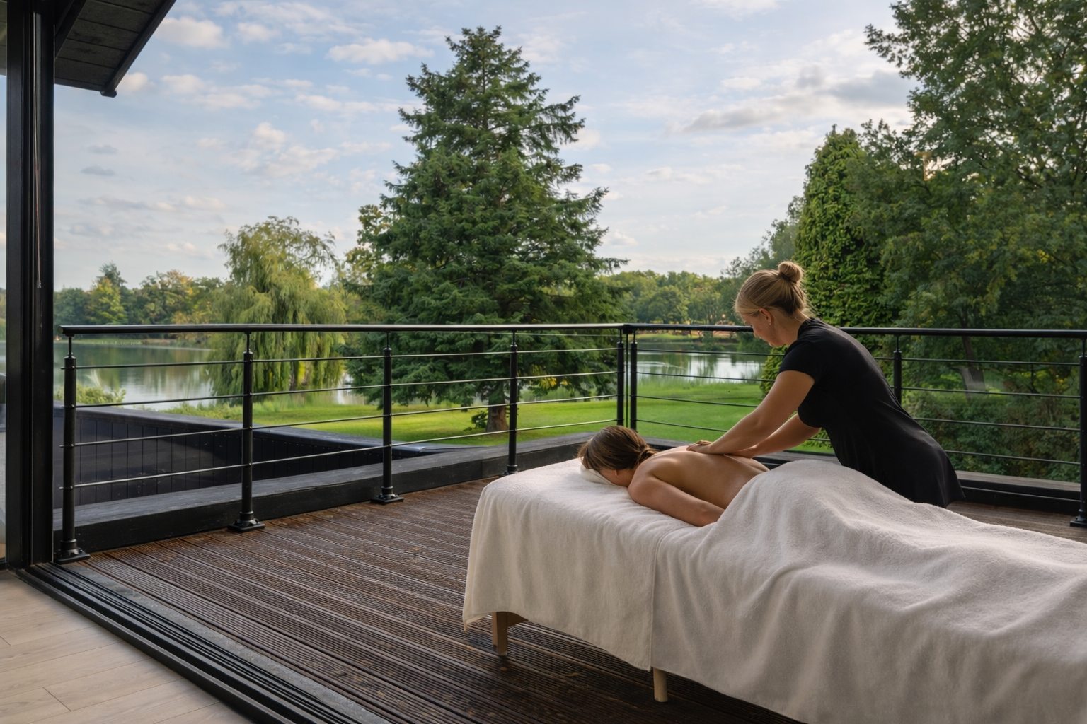 A woman receives a massage outdoors on a balcony overlooking a lake and green trees.