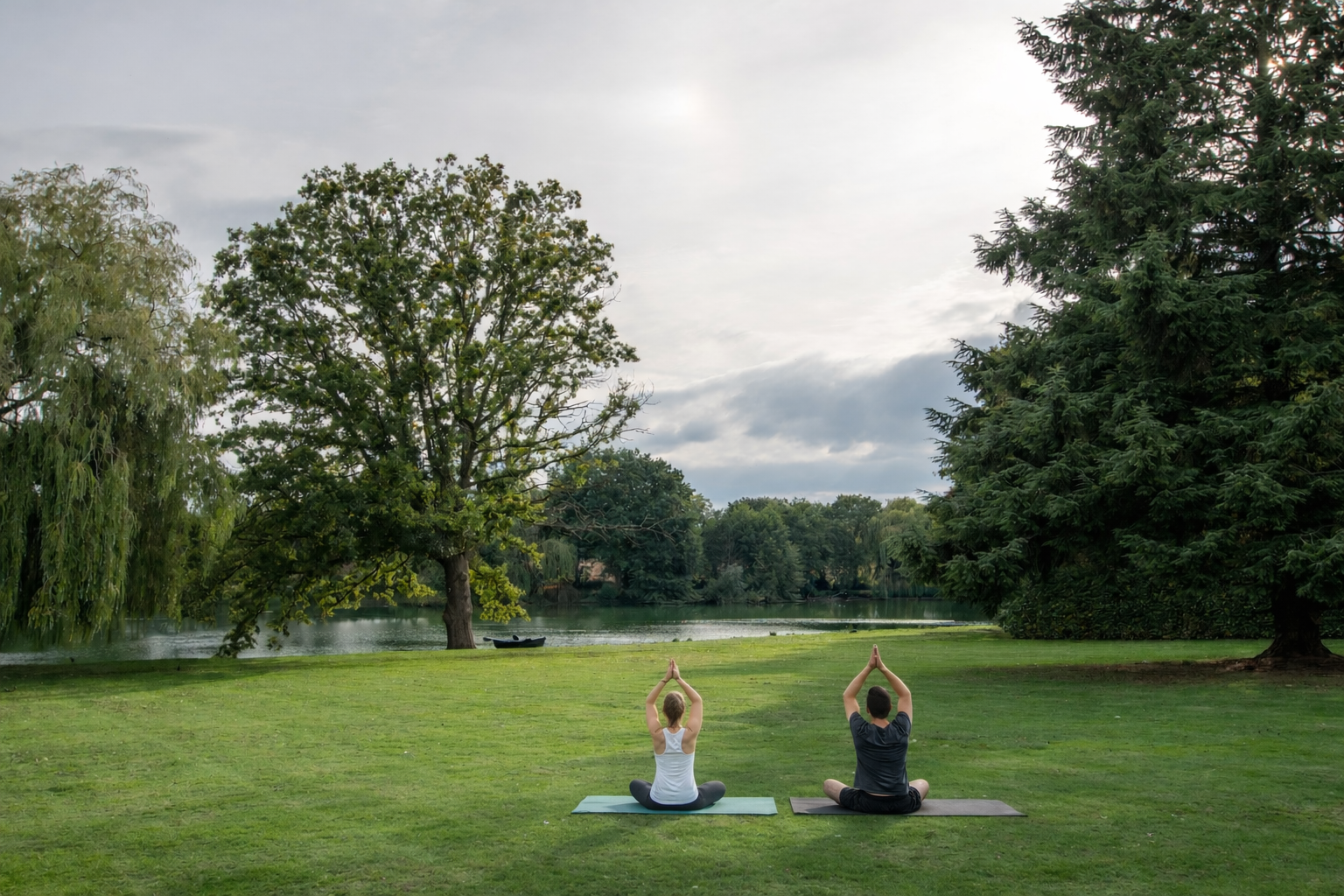 A tranquil lake surrounded by lush green trees, including a prominent weeping willow hanging over the water, with some autumn-colored leaves on the left side.