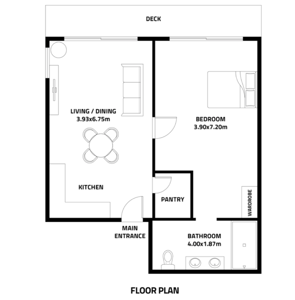 Floor plan of a small apartment including a deck, living/dining area, kitchen, bedroom with a wardrobe, pantry, bathroom, and main entrance.