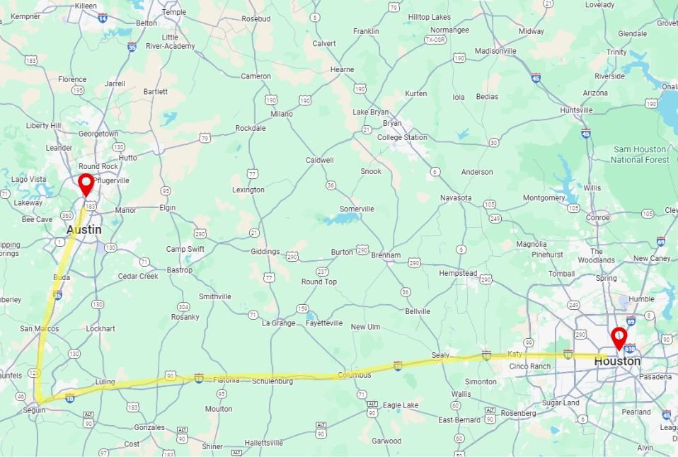 Map showing locations of Austin and Houston in Texas, with Austin marked by a red pin near the center-left and Houston marked by another red pin on the right.