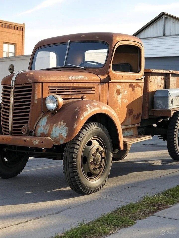 Rusty, vintage pickup truck parked on the street near a sidewalk and grassy area, with buildings and blue sky in the background.