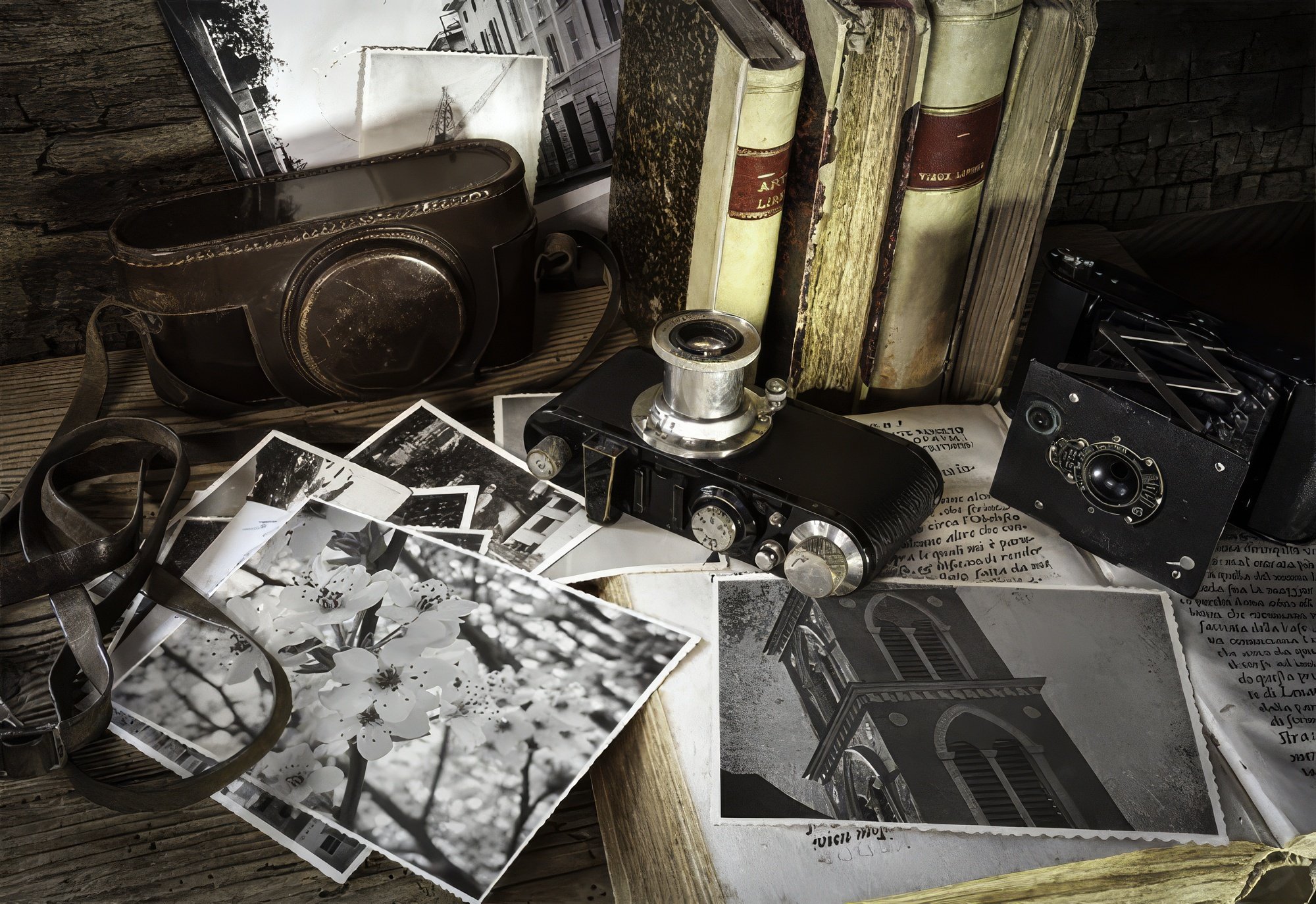 A vintage camera, photographs, books, and a camera bag arranged on a wooden table against a brick wall.