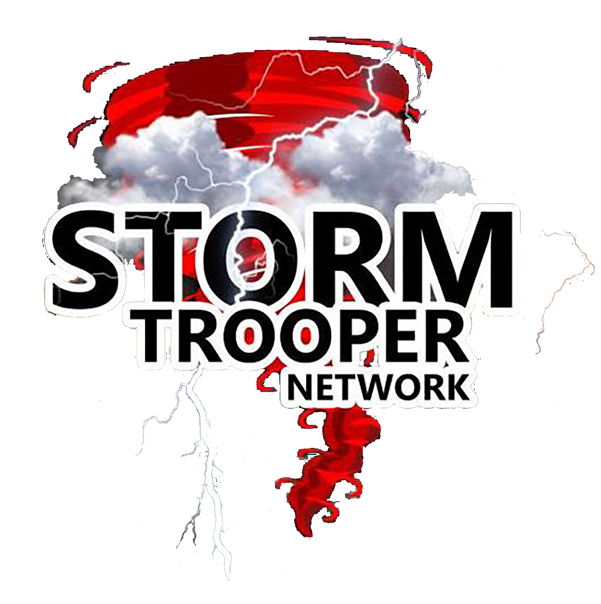 A storm with lightning, clouds, and a tornado behind the text 'Storm Trooper Network' in bold black and white letters.