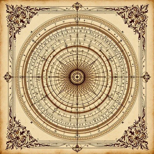 An ornate vintage nautical compass rose design with intricate detailing, decorative corners, and a central compass needle, presented in sepia tones.