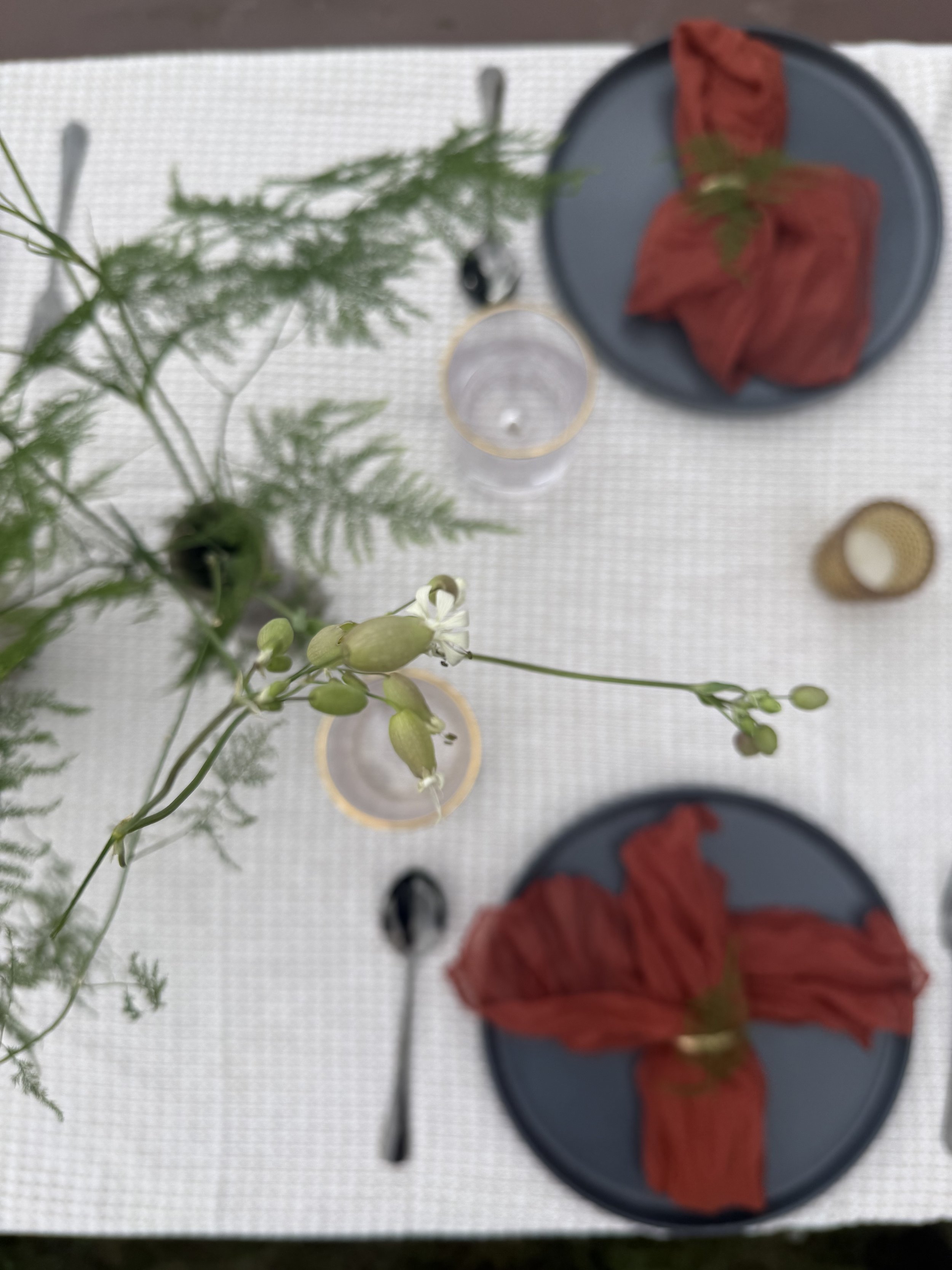 Two black plates containing red leaves with green stems, a clear glass of water, a bunch of white flowers, and a gold-colored candle holder are on a white textured surface.