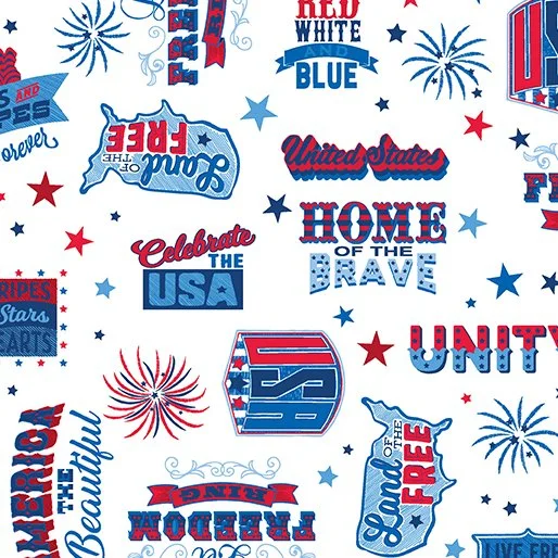 Benartex Celebrate the USA Collection - Let’s Celebrate Words (White)
