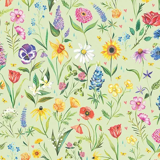 Benartex A Prairie Heart Collection - Meadow Flowers (Lt. Fern)
