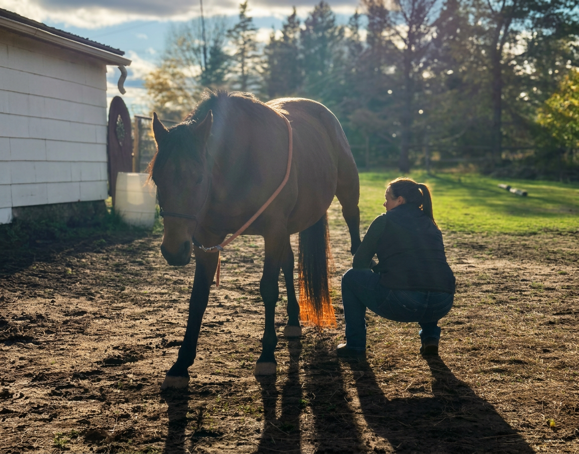 A woman kneeling on the ground with a brown horse in a sunlit outdoor setting, trees in the background, and a white building to the side.