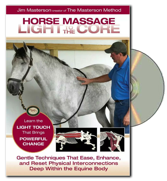 Cover of a book titled "Horse Massage Light to the Core" by Jim Masterson featuring a man giving a massage to a gray horse, with images of horse skeletons and muscle diagrams.