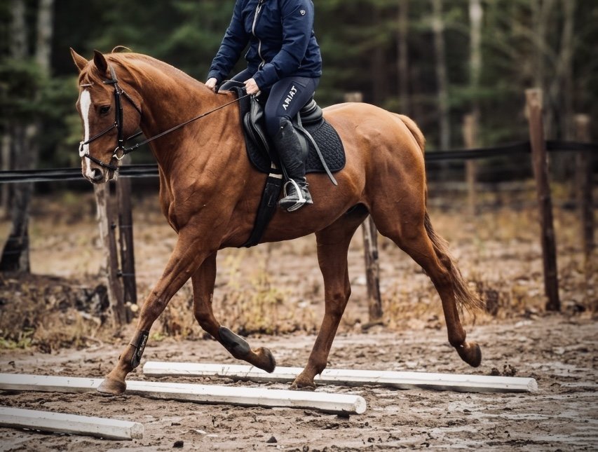 Chestnut thoroughbred being ridden over ground poles - performace horse