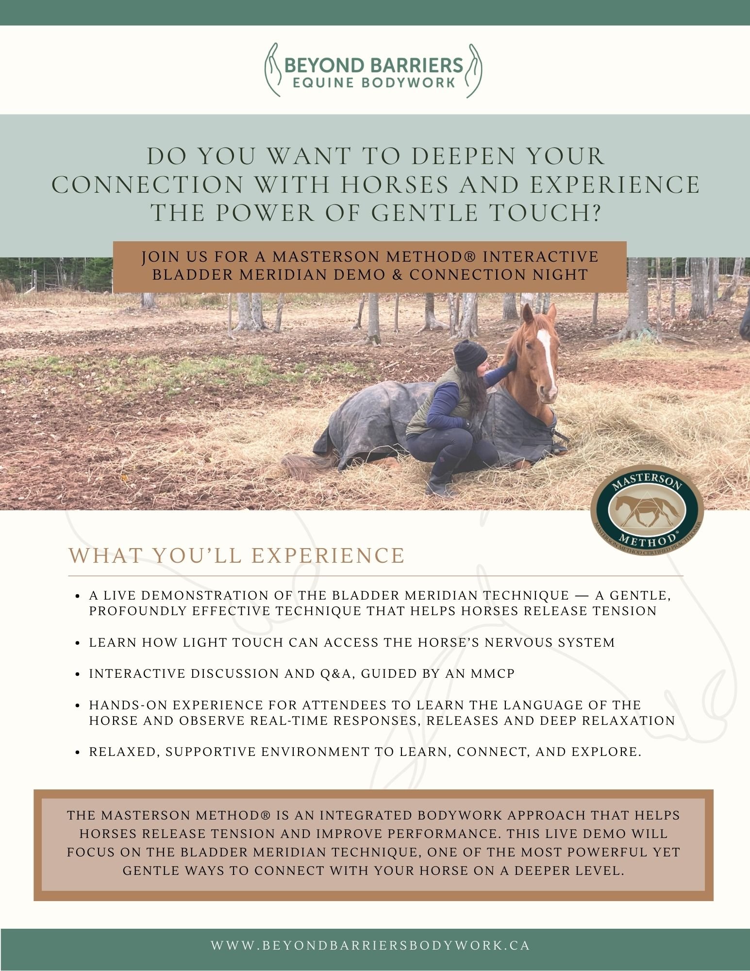 Flyer for Beyond Barriers Equine Bodywork promoting a Masterson Method Interactive Bladder Meridian Demo & Connection Night, featuring a woman petting a horse lying on hay in a wooded outdoor area.