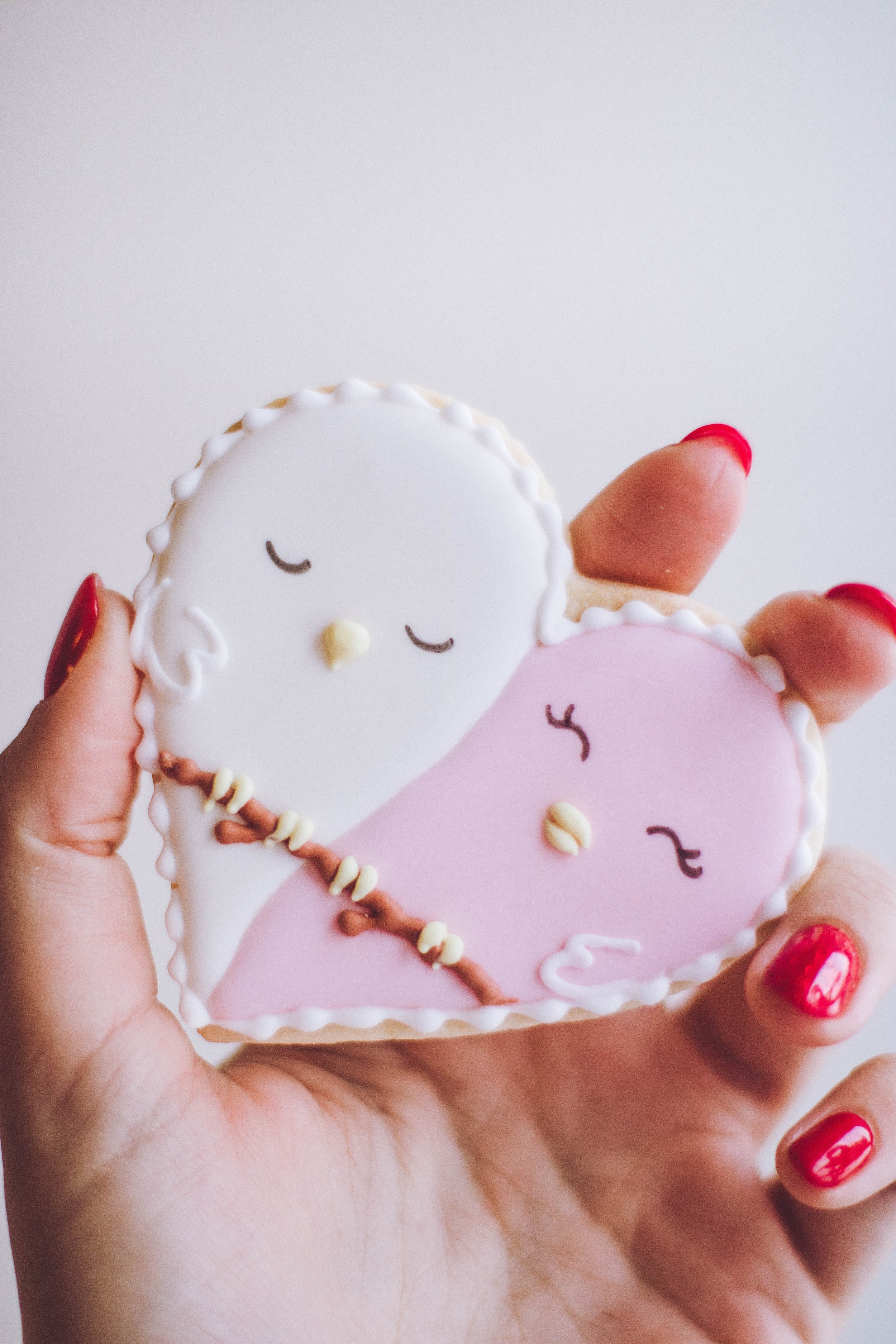 A hand with red-painted nails holding two decorated heart-shaped cookies, one with an owl face and the other with a pink heart face, both with closed eyes and small beak details.