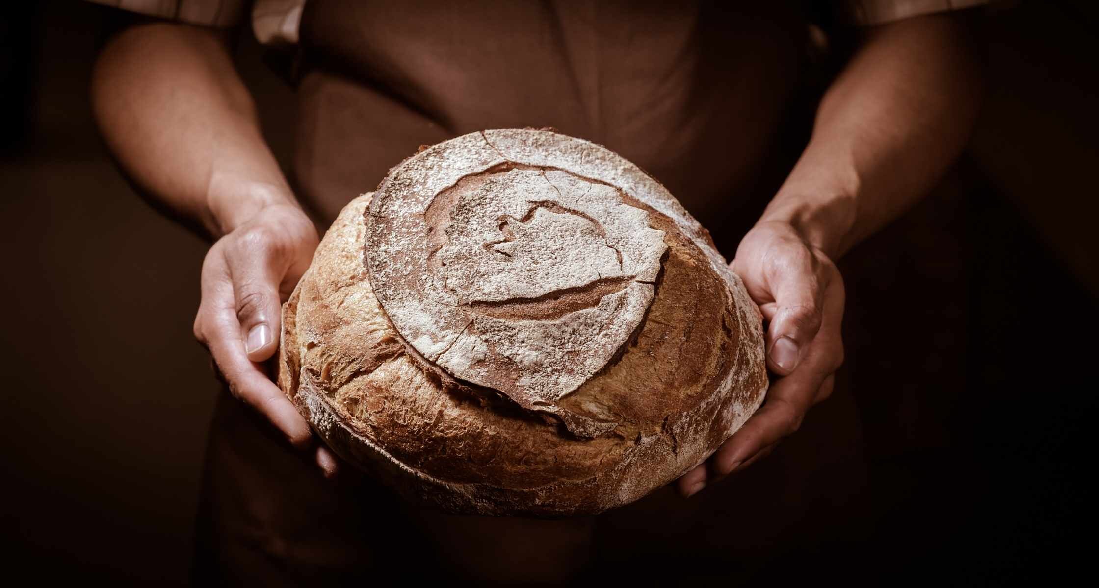 Person holding a round loaf of bread with a flour-dusted top and a swirl pattern on the crust.